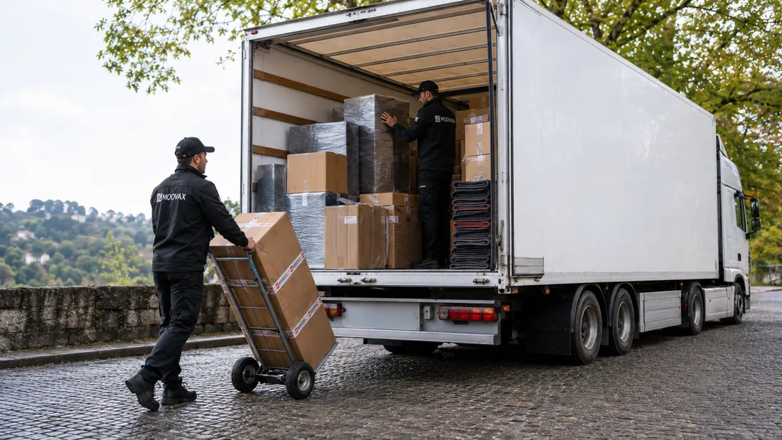 Equipa Moovax a carregar uma mudança no camião da empresa